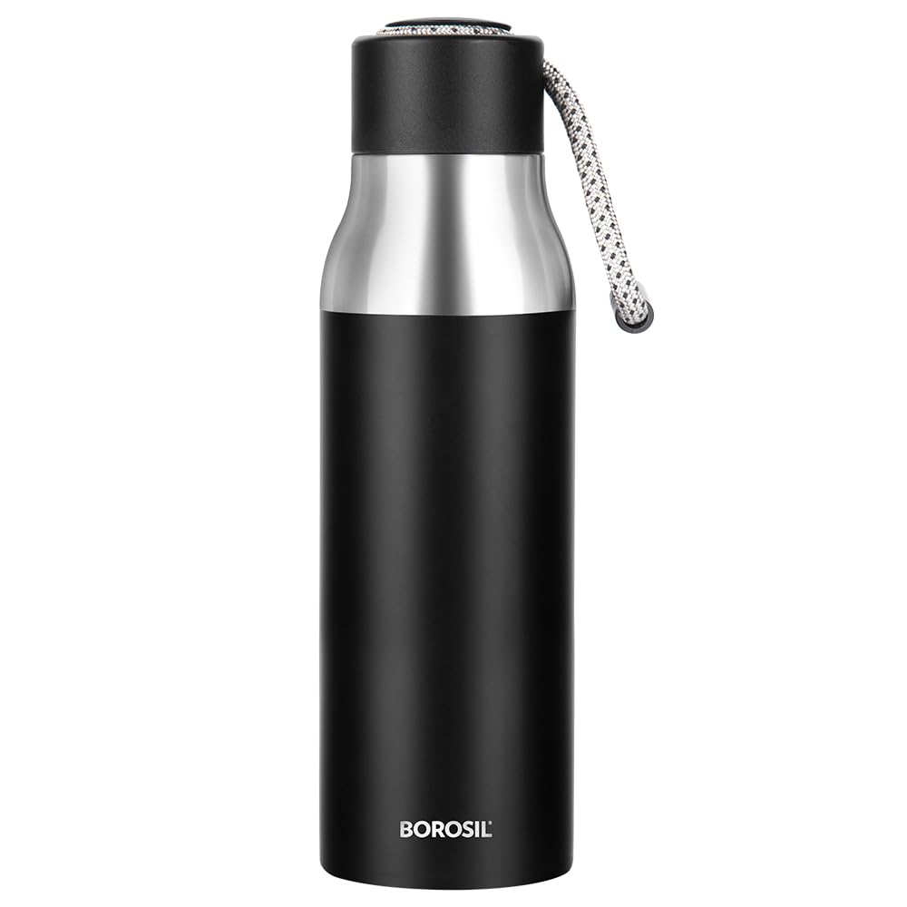 Aquasoul 600ML Black Hot & Cold Stainless Steel Bottle | Double Wall Vacuum Insulated, 12 Hrs Temp Retention | BT600BK125