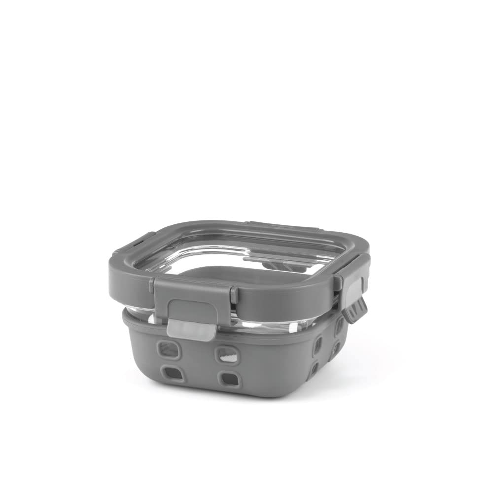 Borosil Klip N Store Plus 320 ml Square Glass Food Storage Container with Air Tight Glass Lid | Borosilicate Glass Container for Lunchbox | Microwave & Dishwasher Safe | Transparent