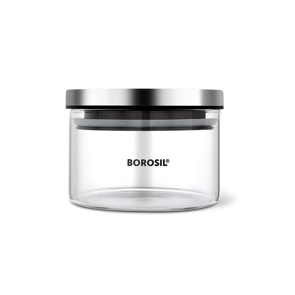 Borosil Classic Glass Jar, Air-Tight Storage Containers For Kitchen, Glass Storage Organiser For Spices, Snacks, Grains, Dals, 300ml, Clear