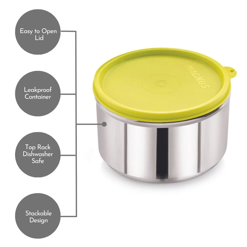 Steel Utility Container - 520 ml | Durable Food Storage Container in Silver & Green | Ideal for Snacks, Small Meals, Office, School & On-the-Go Use