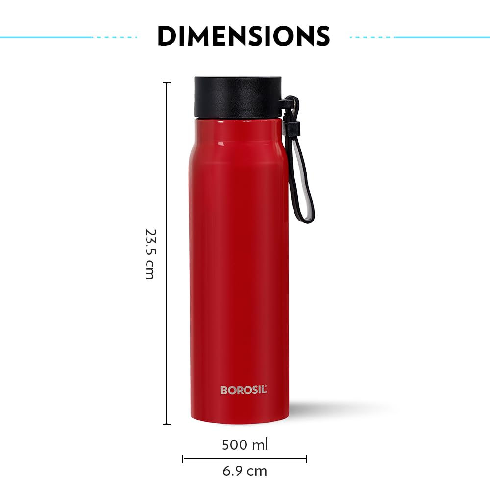 Bliss Red Stainless Steel Bottle – 500 mL (BLISOS00RD38) | Hot & Cold Thermosteel Water Bottle for Office & Daily Use