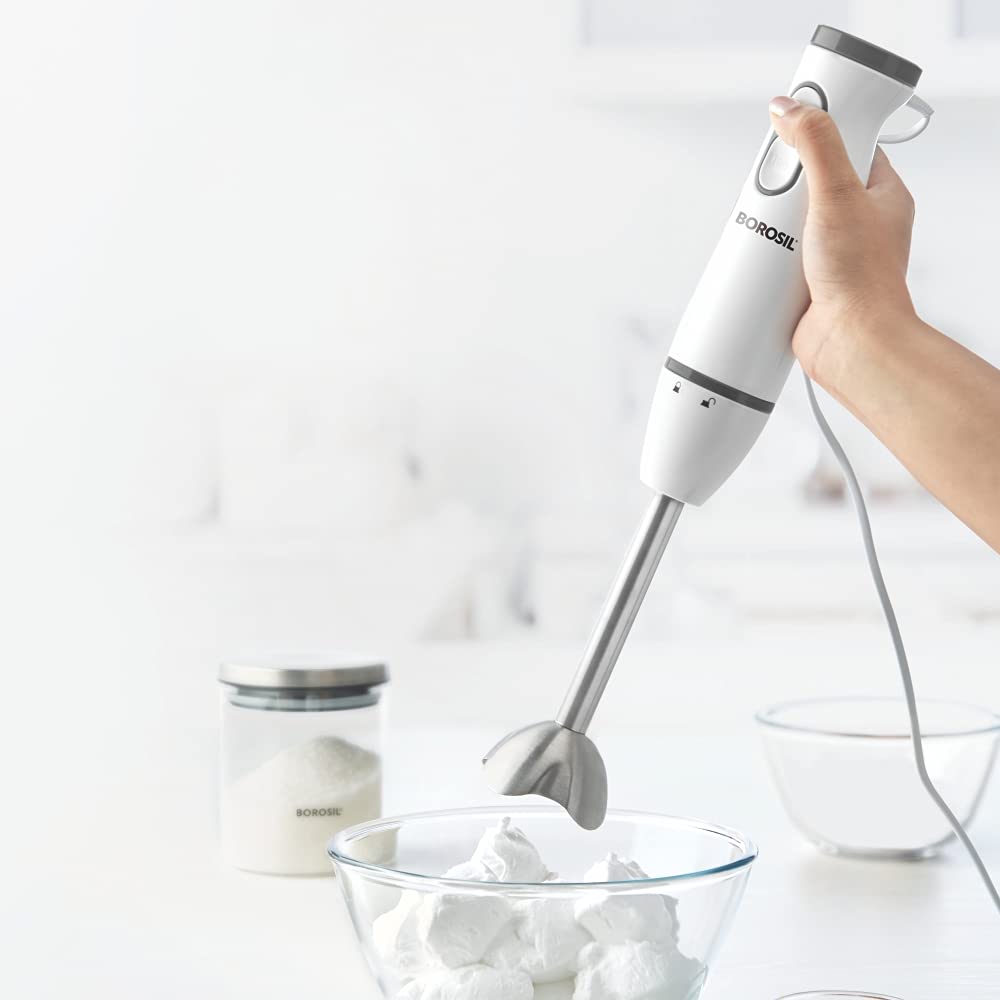 Borosil Masterblend Hand Blender, Electric Hand Blender, Dual Speed Options, Stainless Steel Blades, For Blending & Pureeing, 500 W, White