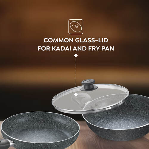 Svachh Granite Non-Stick 3-Piece Set Cookware |Dual Non-Stick Delight|Omni Tawa -28cm Dia, Kadai with GlassLid -24cm Dia, Fry Pan -24cm Dia|Gas and Induction Compatible|Metal Spoon Friendly 38368