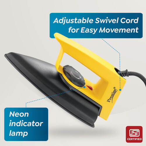 Magic Magnite 750W Dry Iron|Greblon Non-Stick Coated Sole Plate|Wide Range Of Fabric Interface|Light Weight|Neon Indicator Light | Yellow & Black