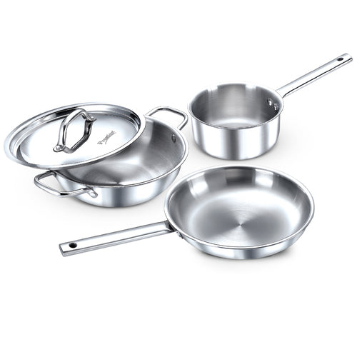 Tri-Ply Stainless Steel 3 Piece BYK Cookware Set| Fry Pan 24cm (1.7L), Kadai 24cm (2.7L) with SS Lid, Sauce Pan 16cm (1.5L)| Even Heat Distribution| Gas and Induction Compatible 38546