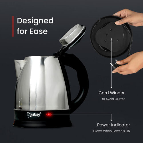 PKOSS Stainless Steel Electric Kettle 1.5L, 1350W | Concealed Element | Automatic Cut-Off | 360° Swivel Base