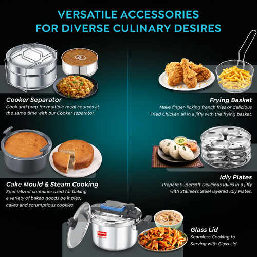 Cookcenter Induction Cooktop Combo | 5L Flip-On Pressure Cooker | Glass Lid | 4 Idly Plates | Frying Basket | Cake Mould | Cooker Separator | All-in-One Cooking Station