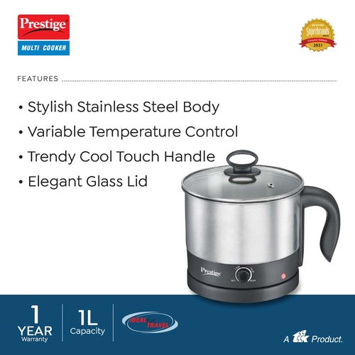 Prestige 1L PMC 1.0 Plus Multi Kettle / Multi Cooker| Glass Lid with Stainless Steel rim|Temperature Control |Power Indictor (Silver, Black)