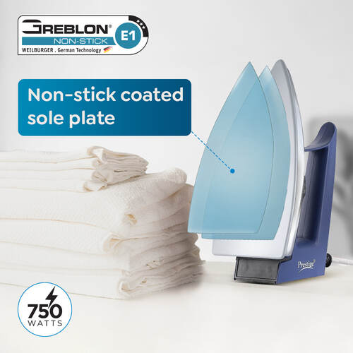 Magic Cruise 600W Dry Iron|Greblon Non-Stick Coated Sole Plate|Wide Range Of Fabric Interface|Light Weight|Neon Indicator Light | Blue & Silver