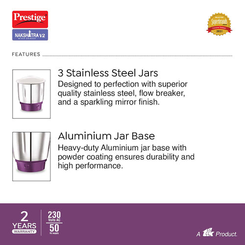Nakshatra V2 Mixer Grinder 550W | 3 Stainless Steel Jars | Super Efficient Blades | Elegant Design | Dome Lid | Sturdy Handles