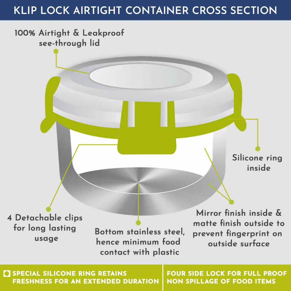 KLIP LOCK Stainless Steel Airtight Leakproof Storage Container – 100ML – Ideal for Kitchen, Lunch Box, Office, and School