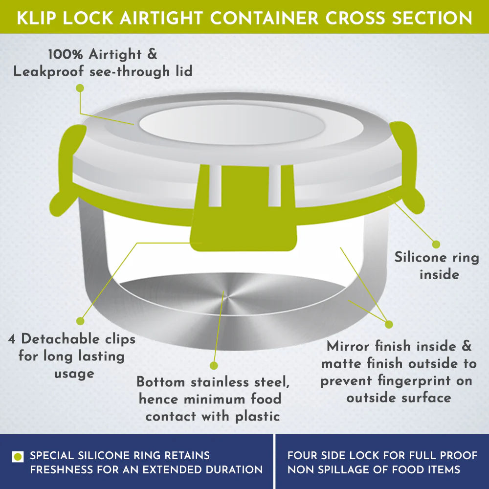 KLIP LOCK Stainless Steel Airtight Leakproof Container – 375ML – Durable Lunch Box for Office Men, Women & Kids, Kitchen Storage Solution