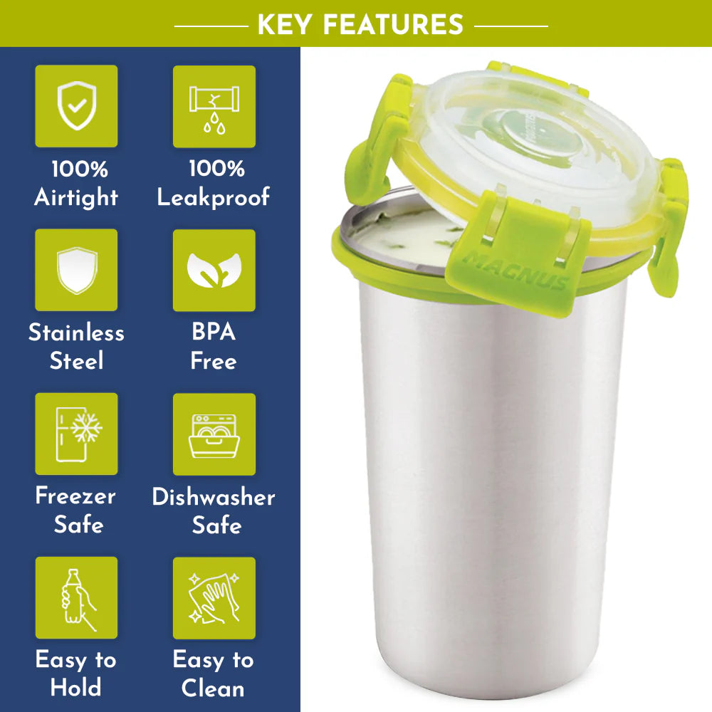 Stainless Steel Glossy Klip Lock Tumbler with Lid and Straw - 350ml | Leak-Proof & Airtight Tumbler - Ideal for Travel, Office, Kids | Perfect for Juice, Buttermilk