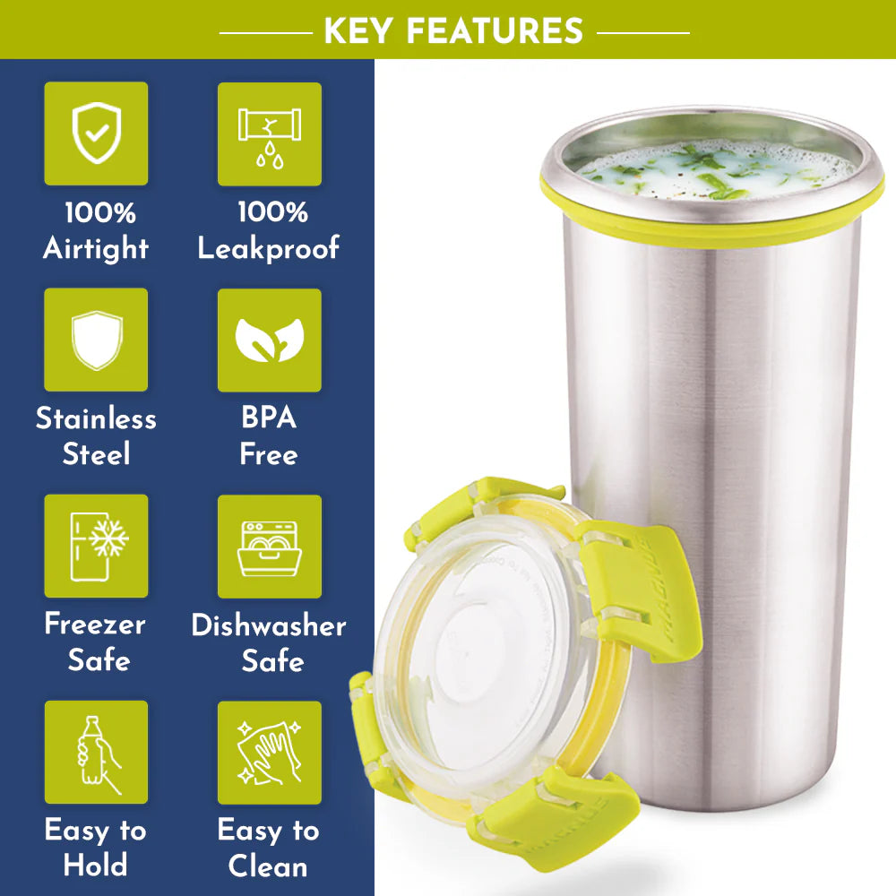 Stainless Steel Matte Klip Lock Tumbler with Lid & Straw – 500ML Leak-Proof Travel Mug for Office, Kids, Juice, Buttermilk | BPA-Free, Airtight, Dishwasher Safe