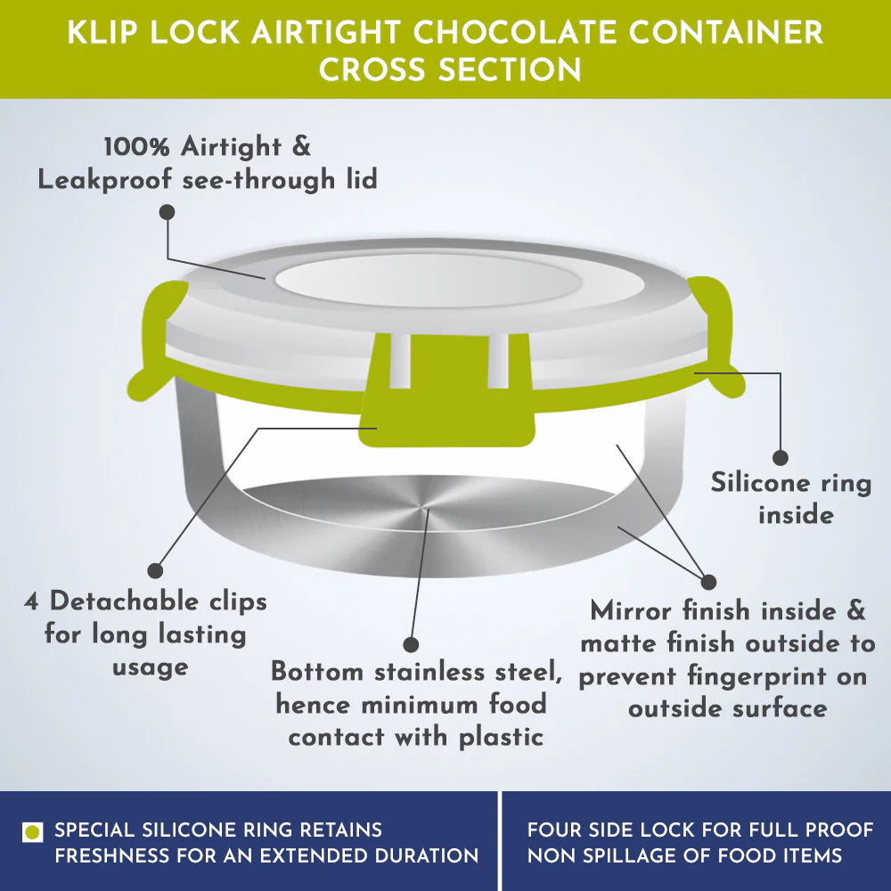 Klip Lock Stainless Steel Airtight Leakproof Storage Container 200ML – Premium Chocolate Container, Ideal Lunch Box for Office Men, Women & Kids