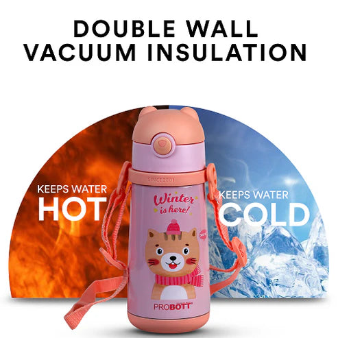 School Champ 370ml Sipper Bottle for Kids with Straw & Carry Strap, Pink | Stainless Steel Hot & Cold Water Bottle | PB 370-01