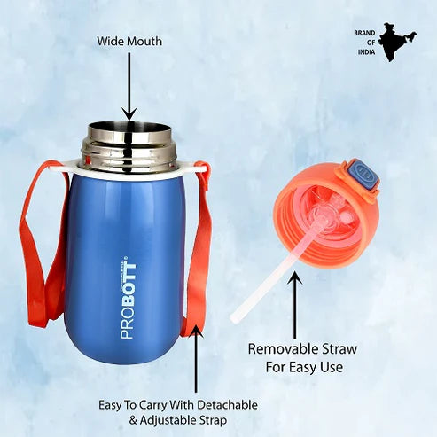 Cutie 320ml Kids Sipper Water Bottle – Stainless Steel Hot & Cold Vacuum Flask with Push Button Locking System, Blue | PB 320-03