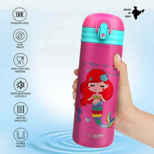 Probott Dazzle 400ml Kids Sipper Water Bottle – Stainless Steel Hot & Cold Vacuum Flask with Push Button Locking System, Pink | PB 400-03