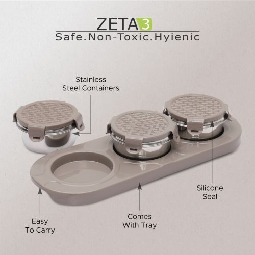 Jaypee plus ZETA-3 Airtight Inner Stainless Steel Dry Fruit Container Set of 3 with Tray 3N - 350 ml Mirror Grey