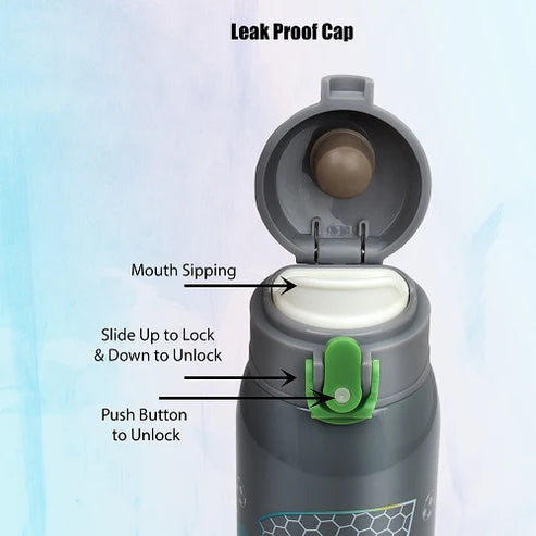 Champ 390ml Kids Thermos Flask – Stainless Steel Vacuum Insulated Water Bottle with One-Click Flip Lid, Leak-Proof, Grey | PB 390-02