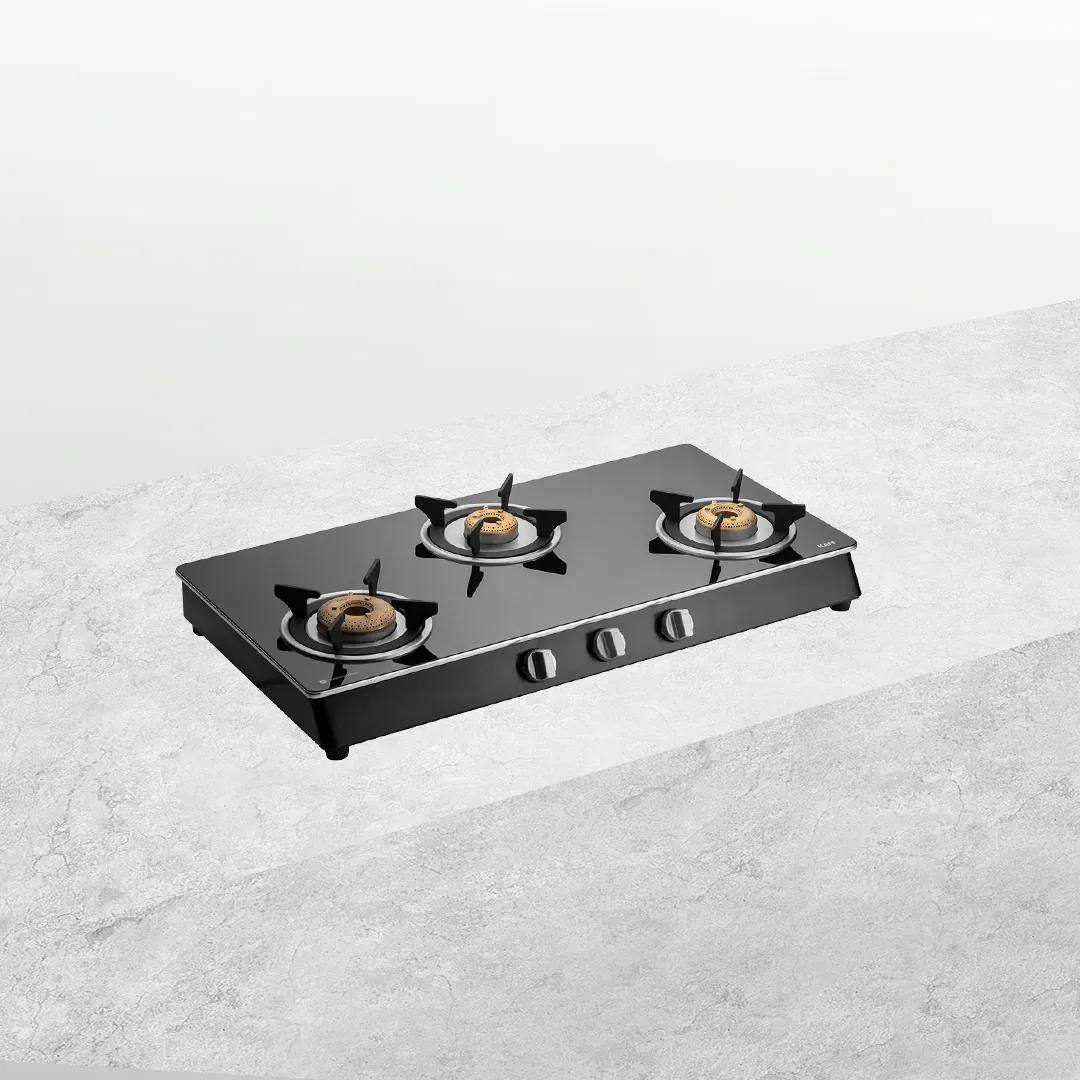 CTAI 77 3B – 3-Burner Auto Ignition Gas Stove | High Safety Valves | Black Tempered Glass