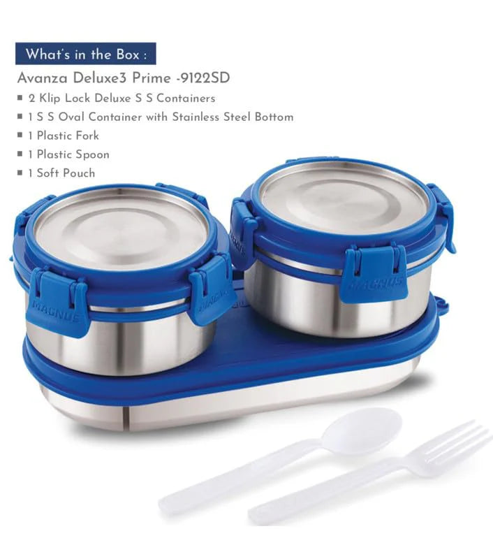 Avanza 3 Deluxe Prime Lunch Box Set | Stainless Steel, Airtight, Leakproof | Ideal for Office Men, Women & Kids | Includes Roti Tiffin, Fork, Spoon & Insulated Carrying Bag