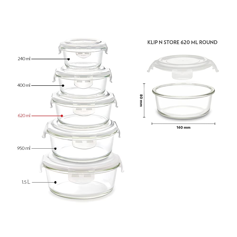 Borosil Klip-N-Store Set of 3 Microwave & Oven Safe Gift Set, Glass Storage Container, 400ml, 620ml & 950ml Round, with Air Tight Lid (Transparent)