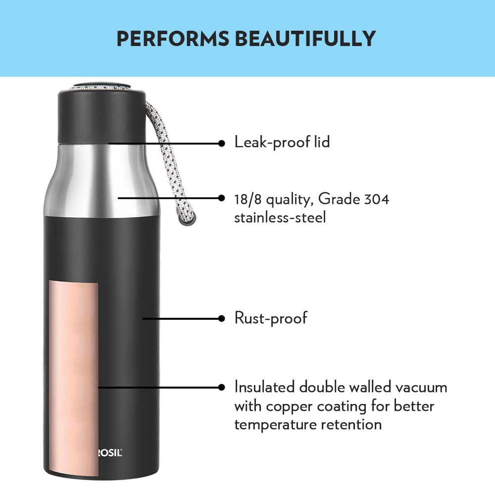 Aquasoul 600ML Black Hot & Cold Stainless Steel Bottle | Double Wall Vacuum Insulated, 12 Hrs Temp Retention | BT600BK125