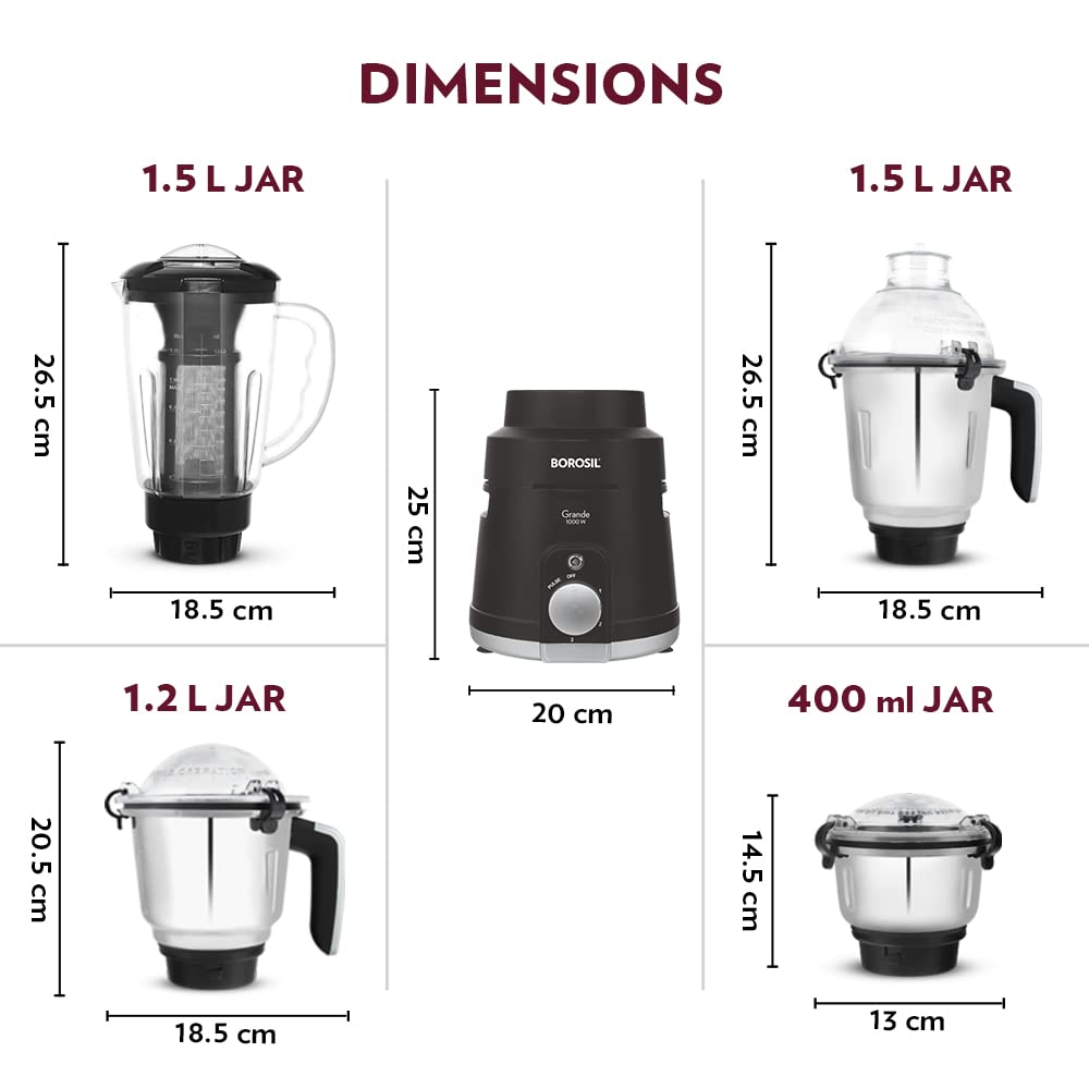Grande 1000 W Mixer Grinder, With Double Ball Bearings, 4 Jars (3 SS Jars (1.5 L Blending Jar, 1.2 L Dry/Wet Grinder, 400 ml Chutney Jar) & 1 PC Jar with Fruit Filter) Mixie For Kitchen