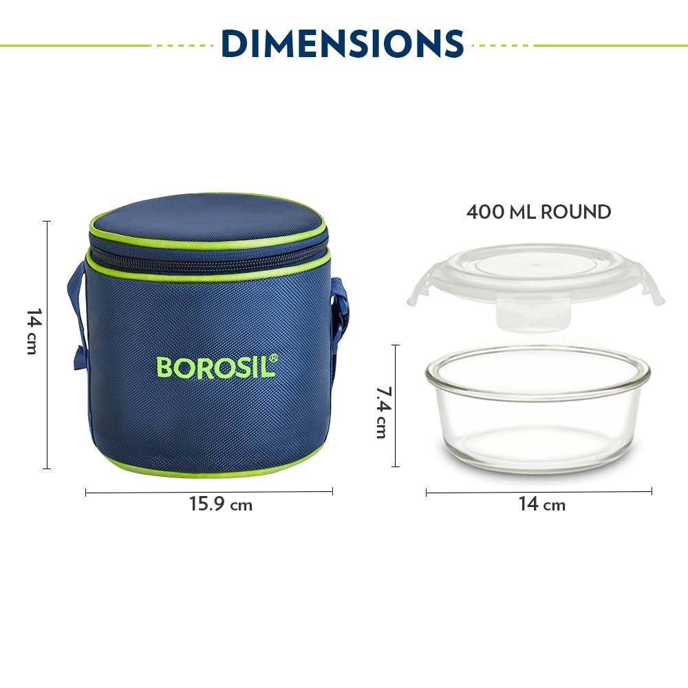 Borosil Klip n Store Lunchbox with Bag | Set of 2 (400ml Each) | Borosilicate Glass, Round, Vertical | Microwave & Dishwasher Safe, Leak Proof | Tiffin for Office, School, College | Blue, Transparent