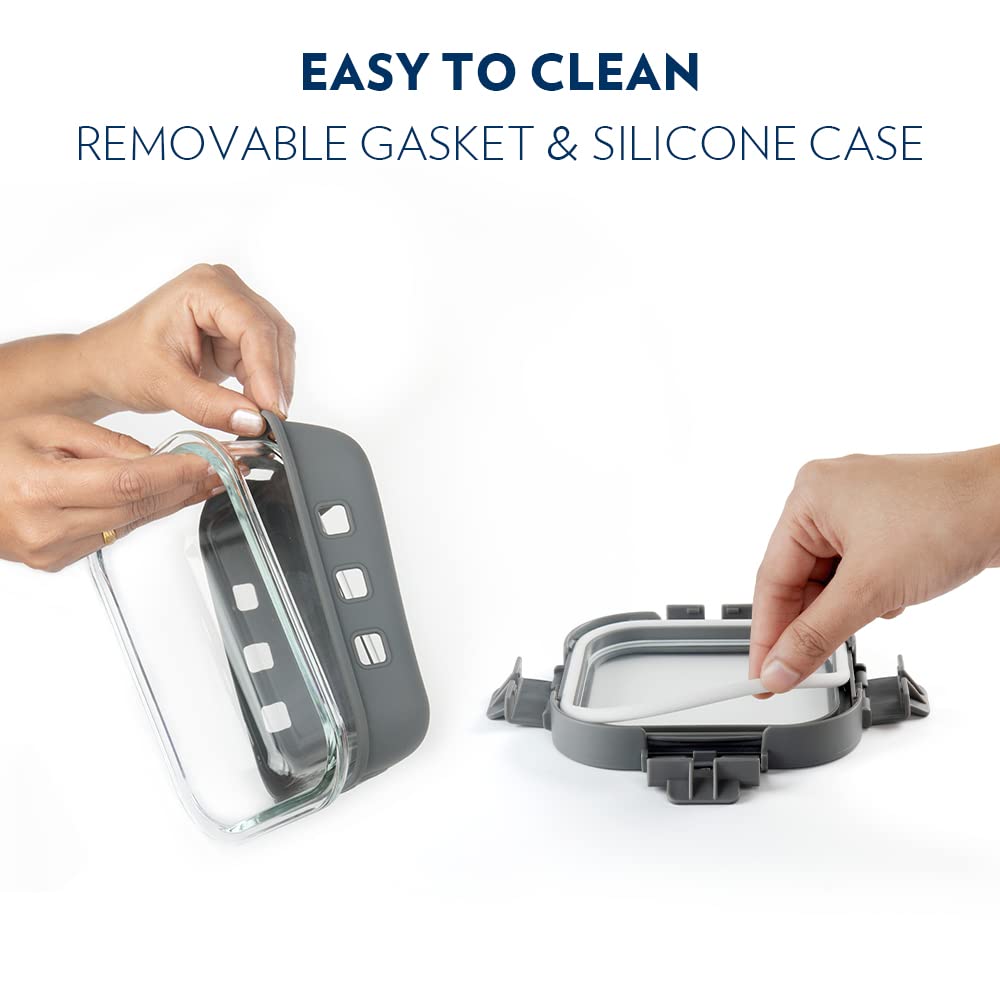 Borosil Klip N Store Plus 640 ml Rectangle Glass Food Storage Container with Air Tight Glass Lid | Borosilicate Glass Container for Lunchbox | Microwave & Dishwasher Safe | Transparent