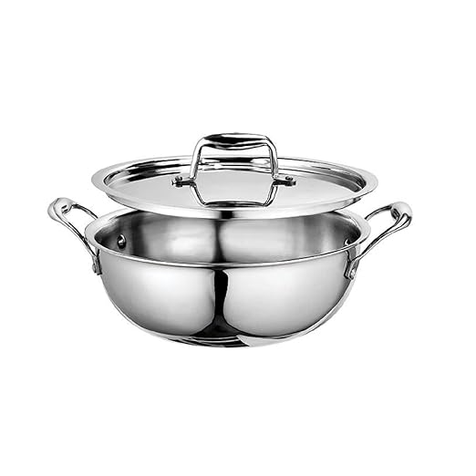 Signoraware Artista Triply Shallow Kadhai Stainless Steel Induction Compatible Triply with Steel Lid (Induction and Gas Compatible), 18cm, Capacity 1200ml, Silver (Copy)