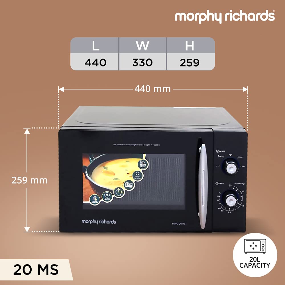 20MS 20L Solo Microwave Oven, Black – 5 Power Levels, Mirror Finish, Jog Dial Controls