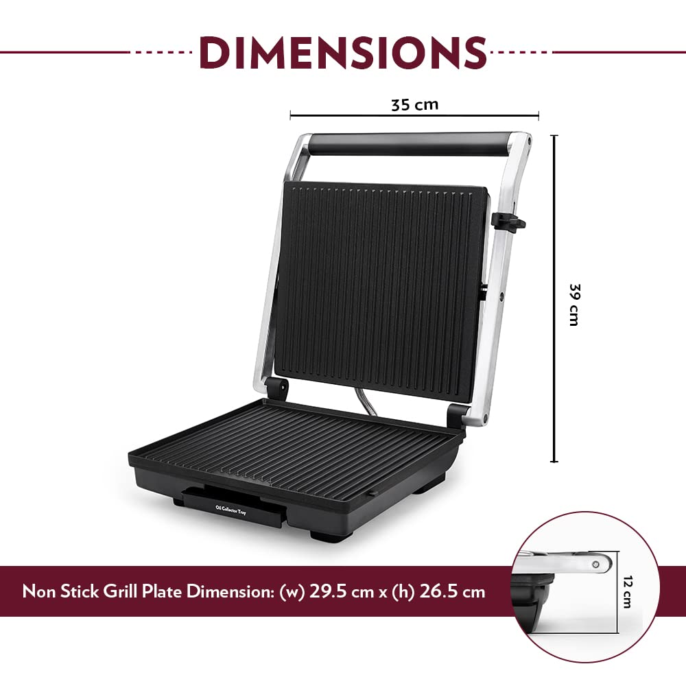 Borosil SuperJumbo Grill Sandwich Maker 2000 W, opens 105°