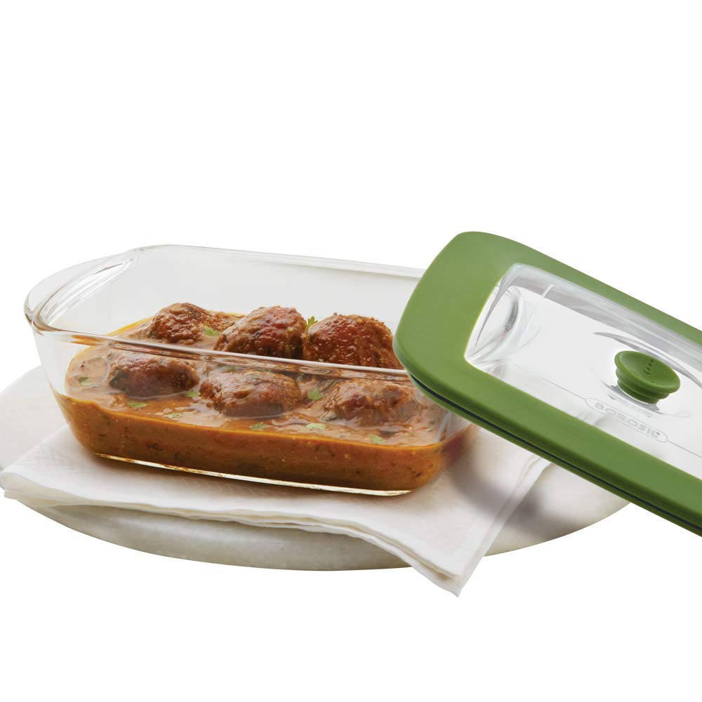 Borosil Rectangular Dish w Green Lid Oven, Micro, Fridge Safe 2.6L