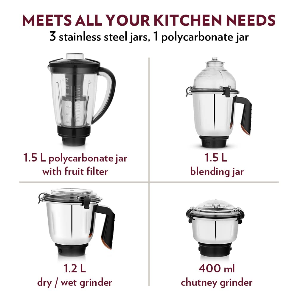 Borosil Fortuner Mixer Grinder Blender Juicer, Copper Motor, For Wet/Dry Mixing & Grinding, Blending Smoothies & Juicing Fruits 1000 Watts, 4 Jars