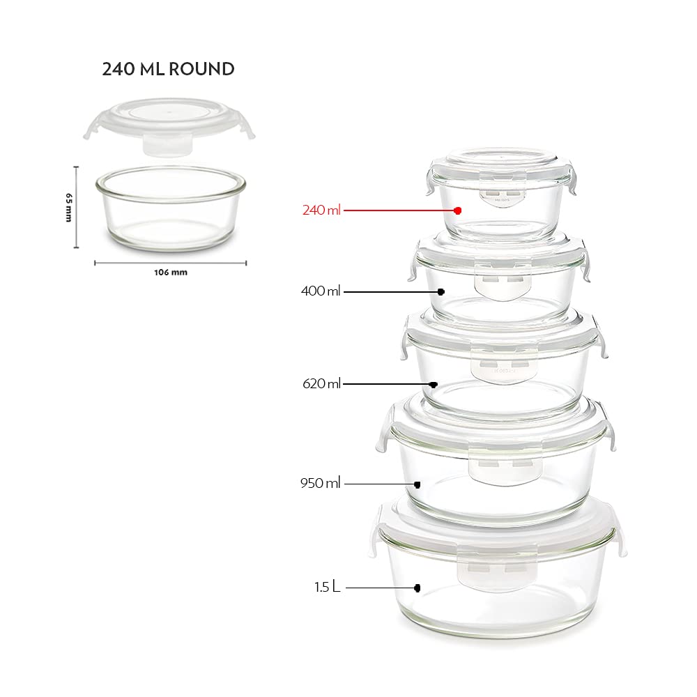 Borosil Klip N Store Glass Storage Containers For Kitchen With Air-Tight Lids, Microwave & Oven Safe, Round, Set of 3 (240 ml each), Clear