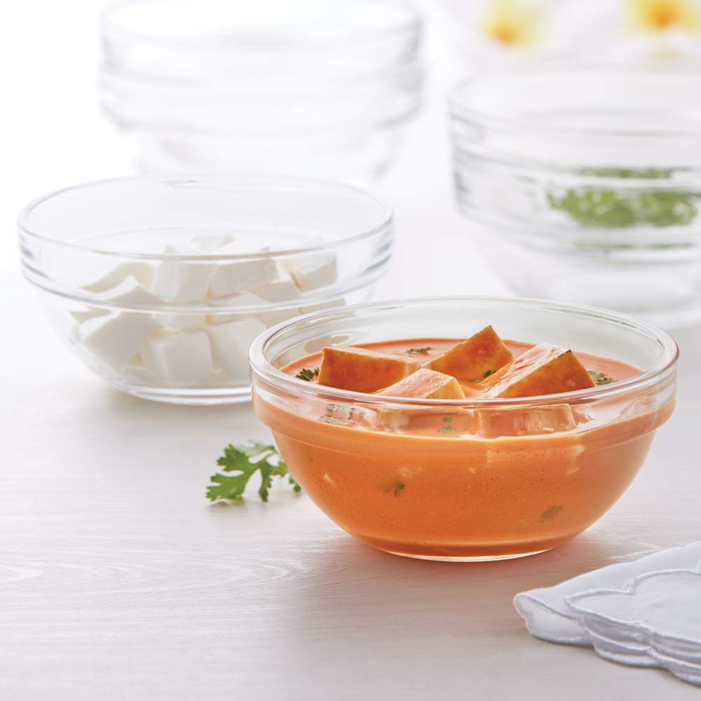 Borosil 245ml 6pc Stackable Serving Katorie Set | Borosilicate Glass Bowl for Kitchen & Dinning | Kattori Bowl for Serving Dips, Chutney, Herbs, Sauce, Ketchup | Microwave & Dishwasher Safe