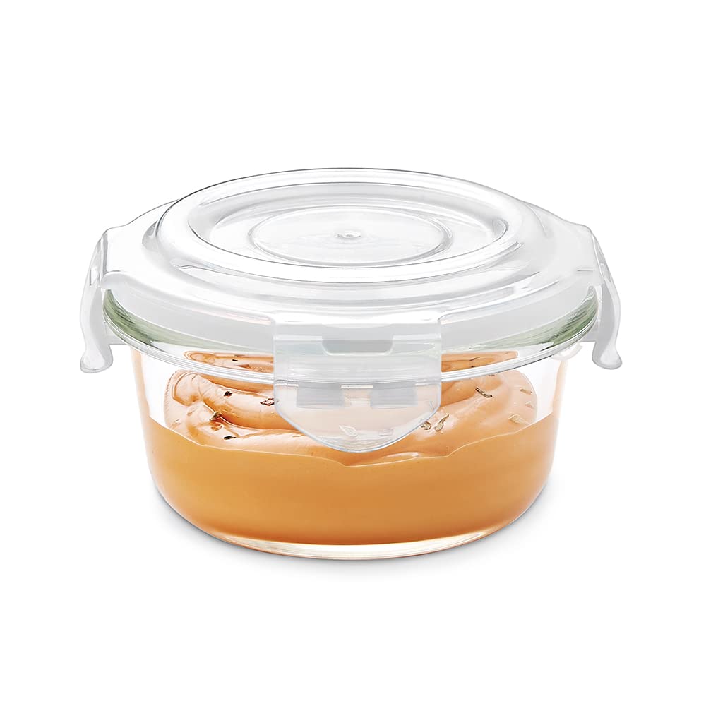 Borosil Klip N Store Glass Storage Container For Kitchen With Air-Tight Lid, Microwave & Oven Safe, Round, 620 ml, Clear