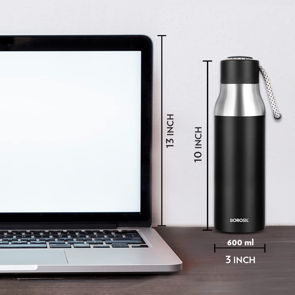 Aquasoul 600ML Black Hot & Cold Stainless Steel Bottle | Double Wall Vacuum Insulated, 12 Hrs Temp Retention | BT600BK125