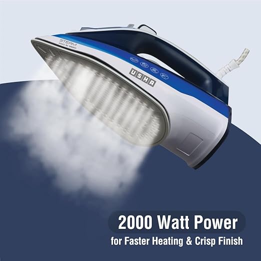 Usha Steam Pro SI 3820 Steam Iron 2000 W with Easy-Glide Durable Ceramic Soleplate, Powerful Steam Output from 73 Steam Vents, 280 ml Water Tank (Blue)