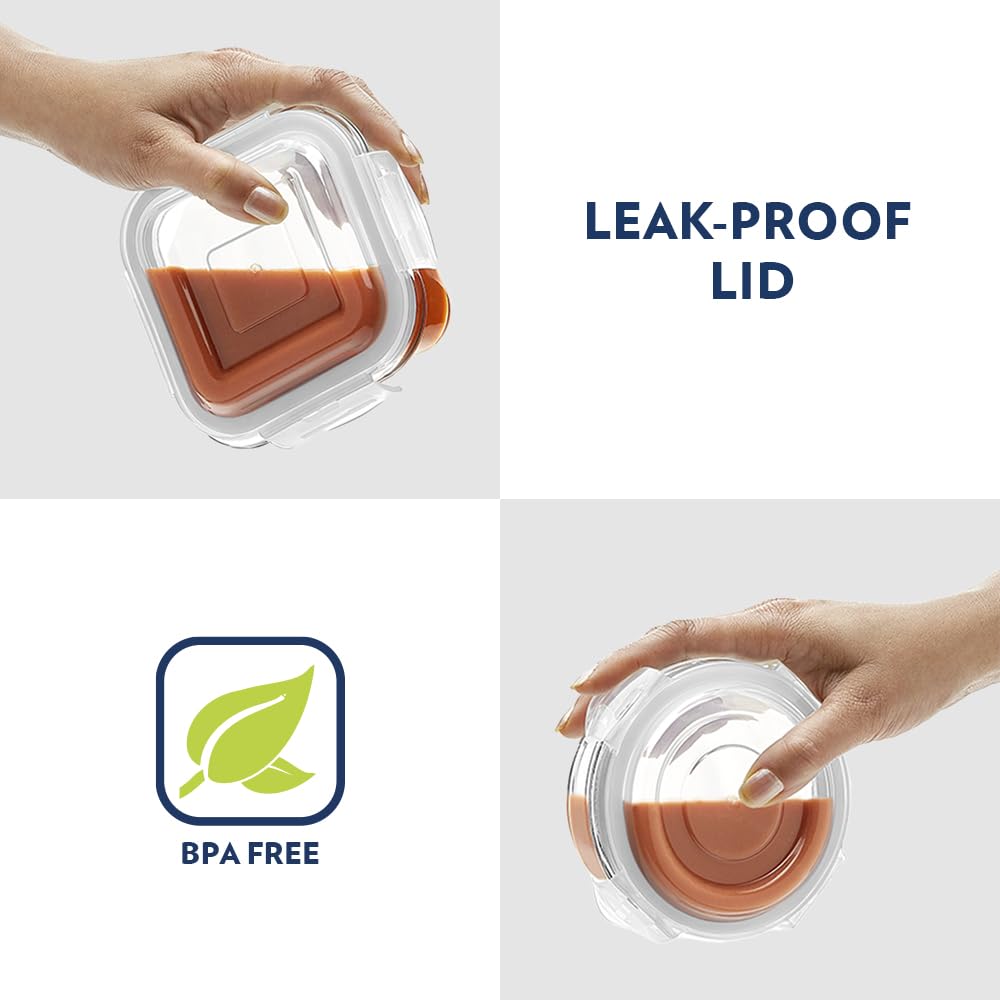 Borosil Klip n Store Universal Lunchbox | Set of 4 (320ml x 2 Square + 240ml x 2 Round), Borosilicate Glass | Microwave & Dishwasher Safe, Leakproof | Tiffin for Office/School/College | Transparent