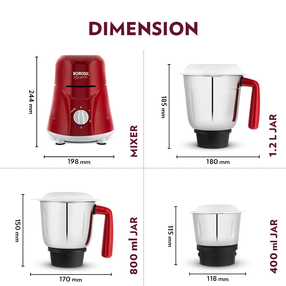 Borosil Star Mixer Grinder - Maroon 500 W, 3 Jars