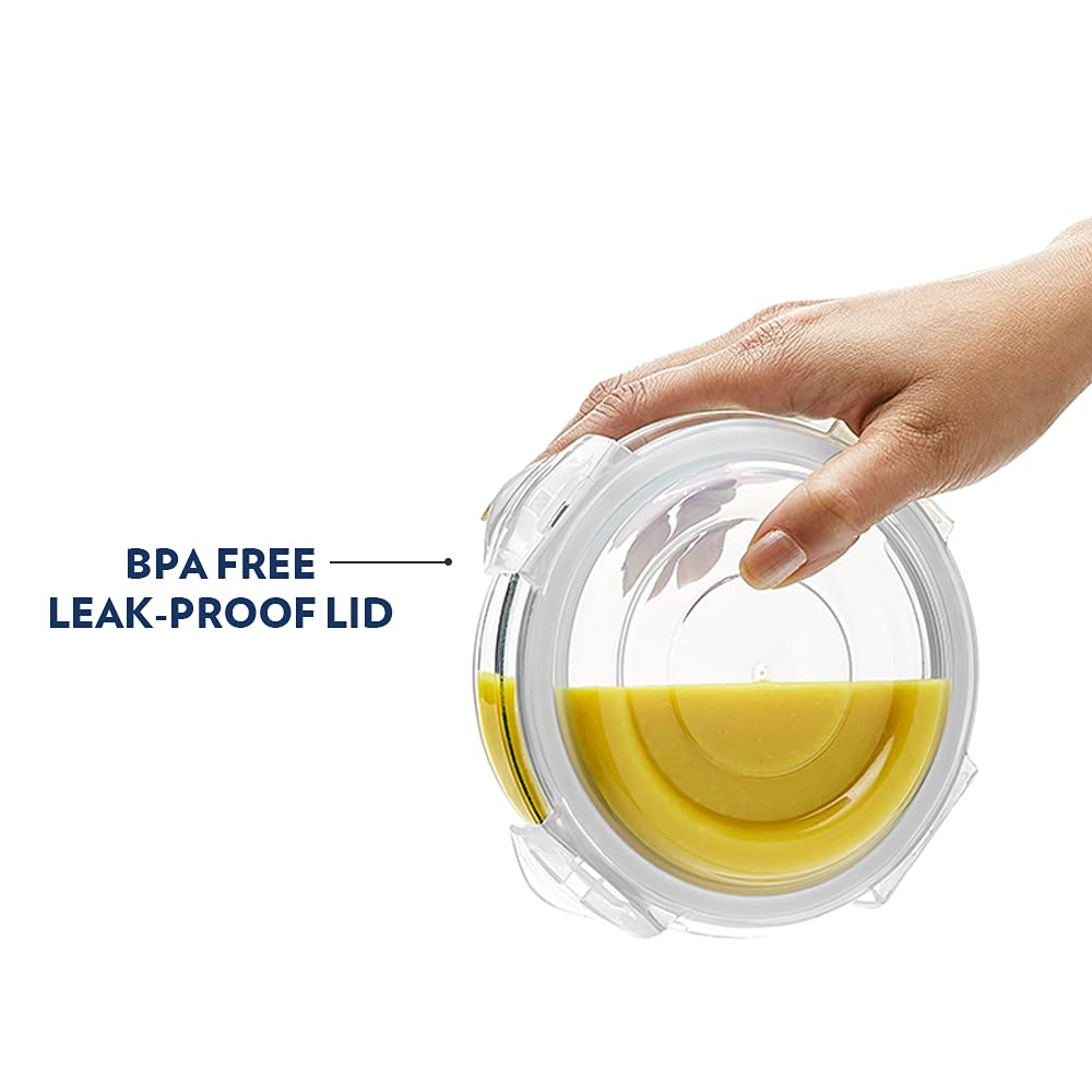 Borosil Klip N Store Glass Storage Container For Kitchen With Air-Tight Lid, Microwave & Oven Safe, Round, 950 ml, Clear