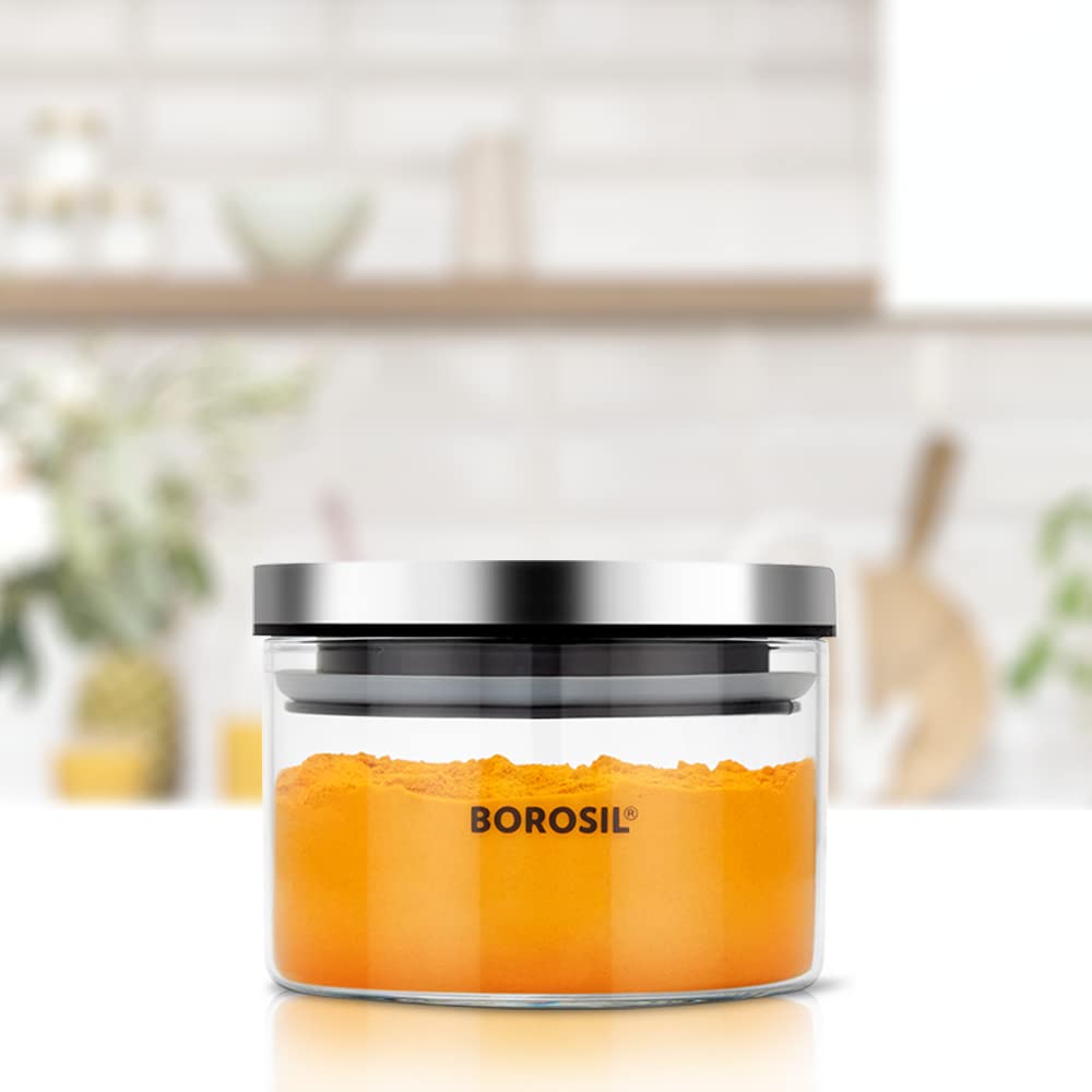 Borosil Classic Glass Jar, Air-Tight Storage Containers For Kitchen, Glass Storage Organiser For Spices, Snacks, Grains, Dals, 300ml, Clear