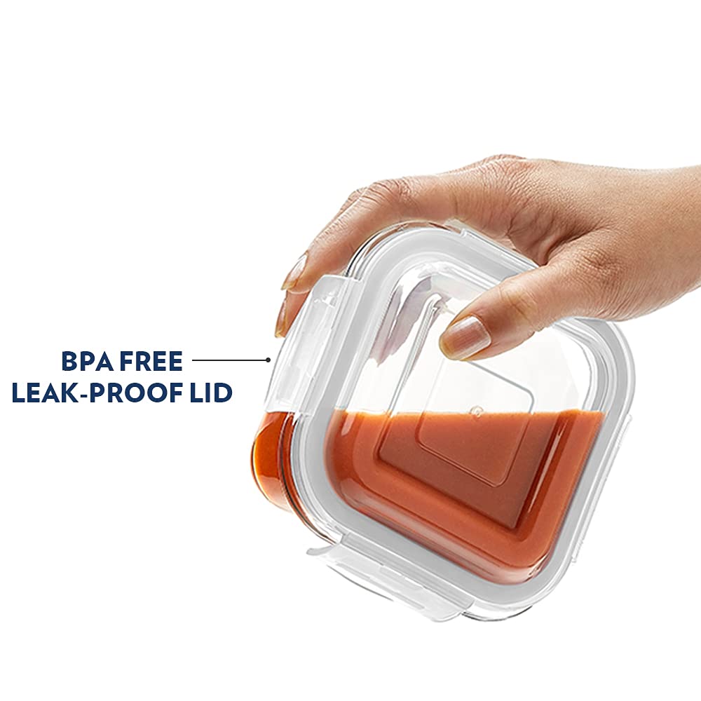 Borosil Klip N Store 2pc Set of 320ml & 520ml (Square) Food Storage Container with Airtight Lid | Made in India Borosilicate Glass for Lunchbox | Microwave & Dishwasher Safe | Transparent