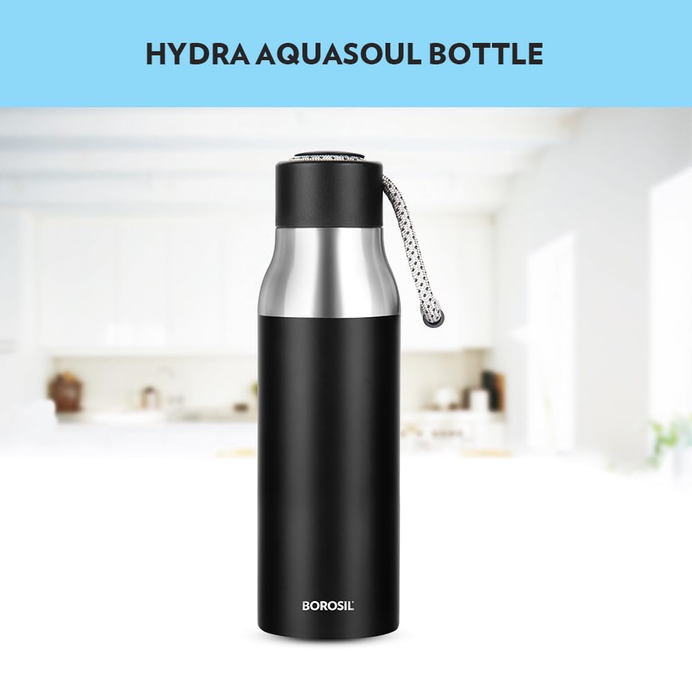 Aquasoul 600ML Black Hot & Cold Stainless Steel Bottle | Double Wall Vacuum Insulated, 12 Hrs Temp Retention | BT600BK125