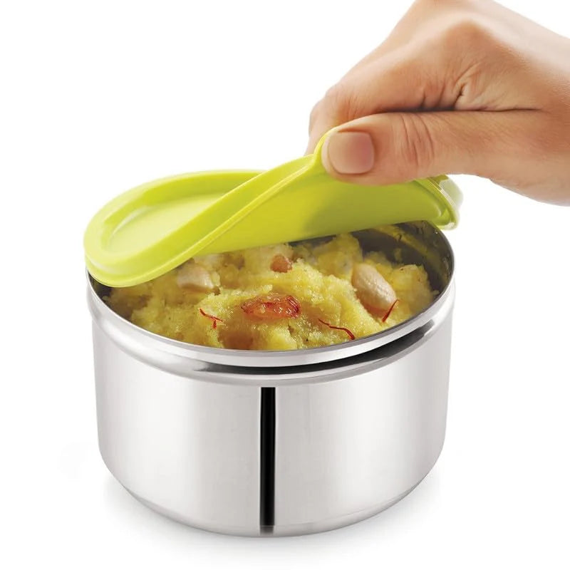 Steel Utility Container - 520 ml | Durable Food Storage Container in Silver & Green | Ideal for Snacks, Small Meals, Office, School & On-the-Go Use