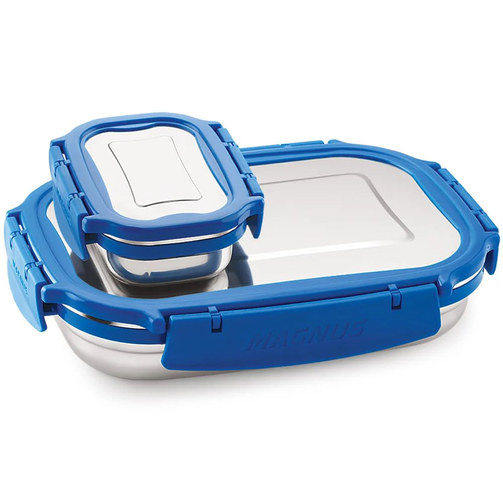 Bolt Deluxe Stainless Steel Lunch Box - Airtight & Leakproof Tiffin Set (800 ml & 150 ml) | Ideal Lunch Box for Kids & Office Men | Perfect for School, Office & Picnic | With Insulated Carrying Bag (Blue)