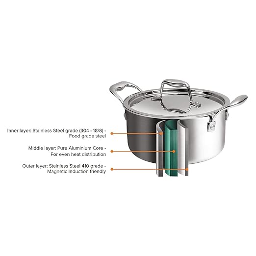 Signora Ware Artista Triply Stewpot Stainless Steel Induction Compatible Triply with Steel Lid (Induction and Gas Compatible), 24Cm, Capacity 5400Ml, Silver
